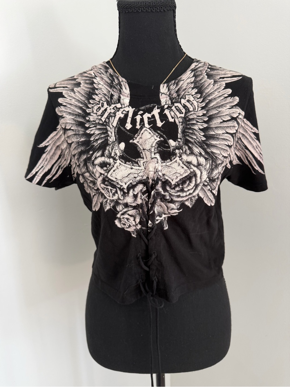 Affliction Live Fast XL 100% Cotton Lace Up Crop Top Wings Cross Y2K Biker